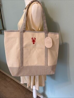 Eccolo Cream Canvas Tote with Navy Stripe and Red Lobster